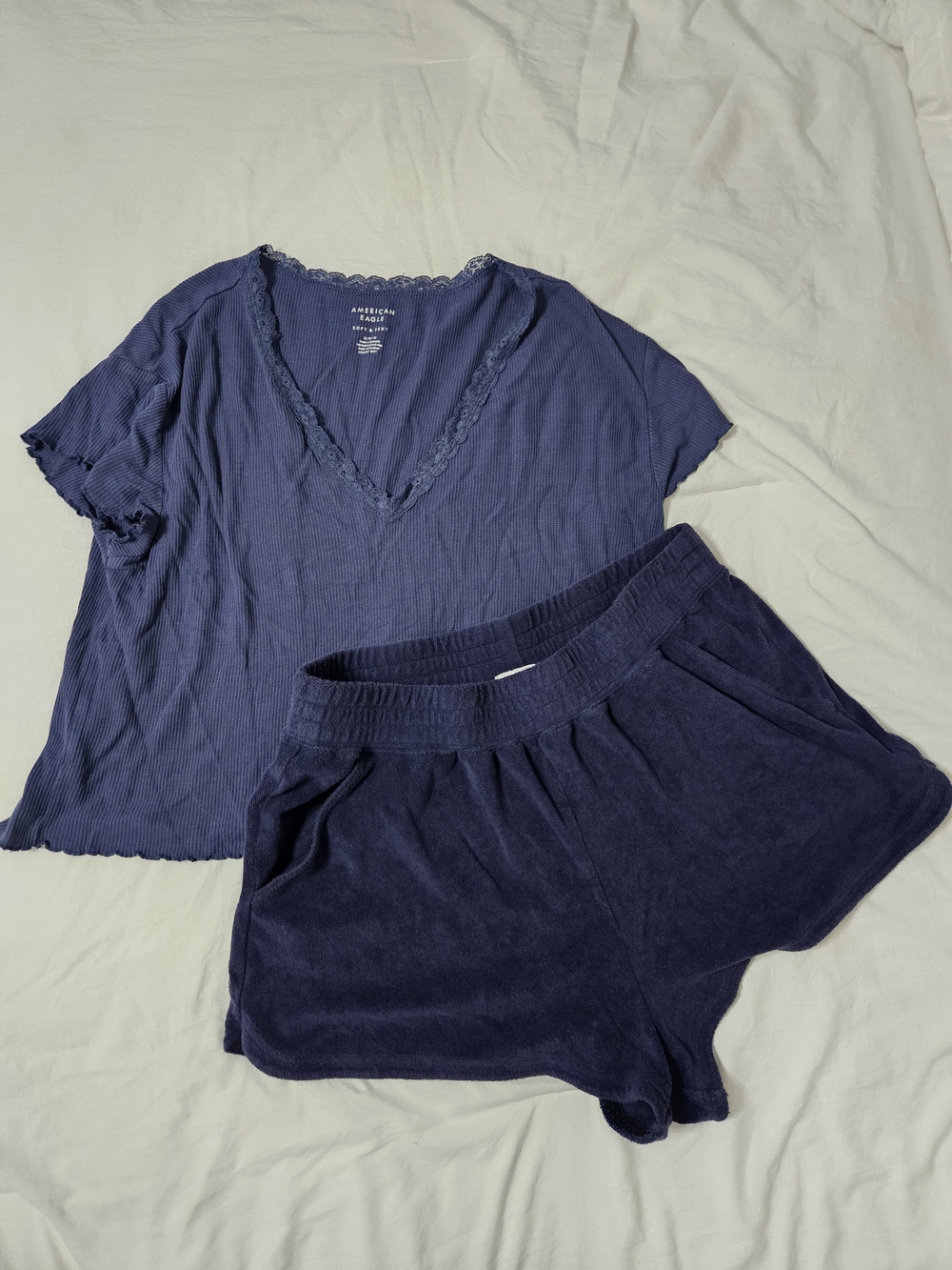AE Navy Ribbed V-Neck Soft & Sexy  Top & Navy Aerie Lounge Shorts Set